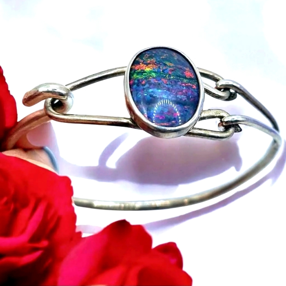 Vintage FIRE OPAL Sterling Silver Wrap Wire BRACELET